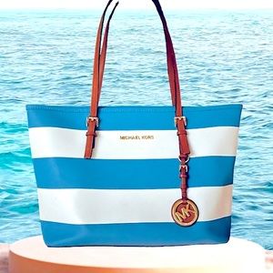 AUTHENTIC MICHAEL KORS JET SET BLUE WHITE STRIPED HANDBAG PURSE TOTE